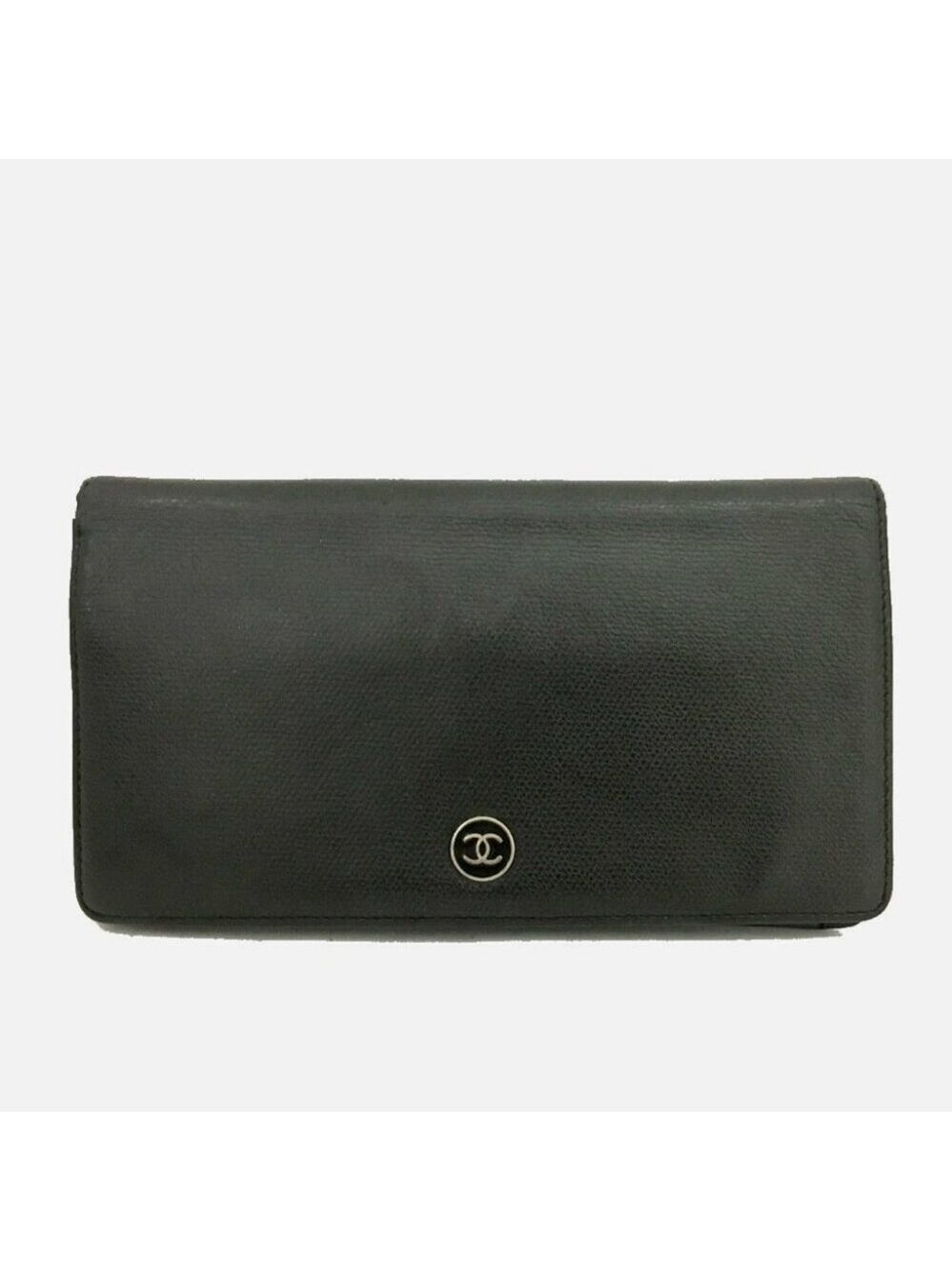 CHANEL Coco Button Leather Bifold Wallet Black France